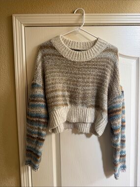 Urban Outfitters Striped Cropped Crewneck Sweater in Cream, Blue, Tan